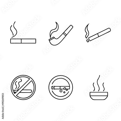 Simple smoking symbols include a cigarette, a pipe, and a "No Smoking" sign. (Fabric background)