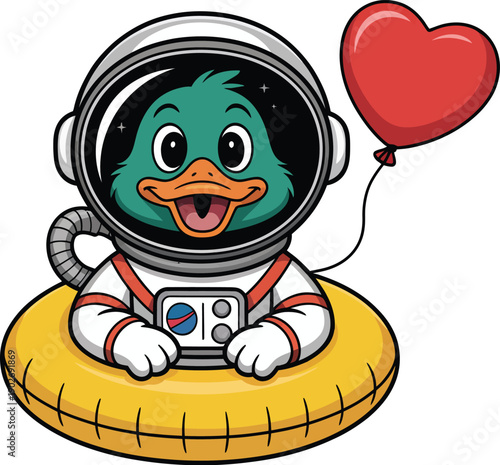 Astronaut duck illustration, cute cartoon duck in a space suit floating with a heart balloon, playful vector mascot combining space exploration and love theme for kids designs, stickers, branding, and