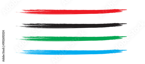 Set of four horizontal grunge brush strokes in red, black, green, and blue, textured paint underline elements isolated on a transparent background 