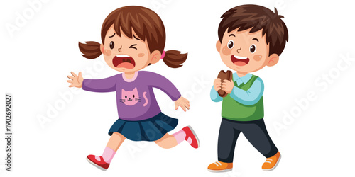 Crying toddler girl and happy boy sibling children playing running emotions