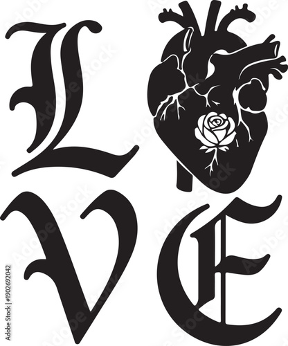 Gothic style 'love' word art with anatomical heart and delicate rose symbolizing deep affection