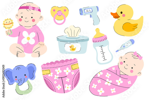 Cute baby elements set in soft pastel  with newborn characters and infant care items including  baby wrapped in blanket, pacifier, bottle, thermometer, rubber duck, wipes box, diaper, rattle.