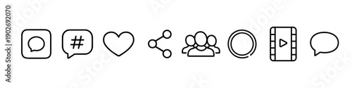 Social Media & Community Line Icons Set – Hashtag, Like, Share, Followers, Stories Ring, Short Video, Comments