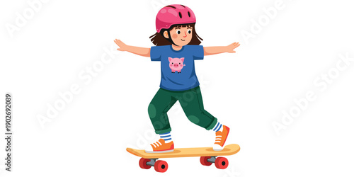 Young girl skateboarding outdoors with pink helmet and colorful clothes
