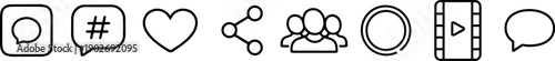 Social Media & Community Line Icons Set – Hashtag, Like, Share, Followers, Stories Ring, Short Video, Comments