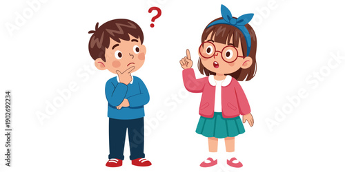 Confused children cartoon characters pointing question mark school learning concept