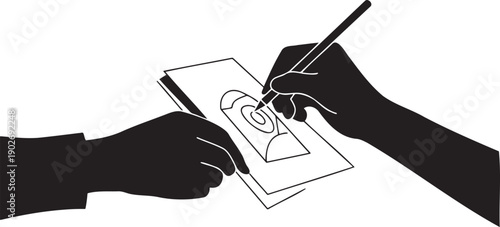 Two hands silhouette drawing on paper with pencil conceptual art creativity and design process artistic
