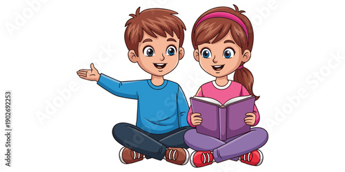 Children reading book together happy learning education cartoon illustration