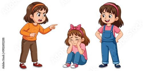 Three cartoon girls arguing and crying emotional scene vector illustration