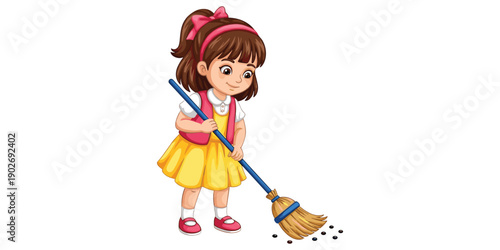 Cute little girl sweeping floor with colorful broom in cartoon style