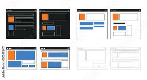 Four website layout mockups displaying different arrangements of rectangular elements