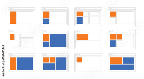 Variations of window layouts displaying colored rectangles within white frames