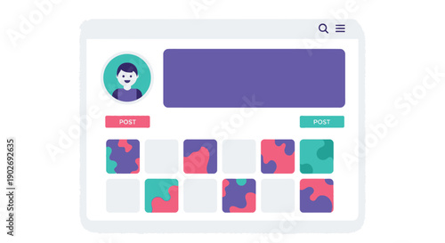 Social media profile interface with colorful post previews displayed
