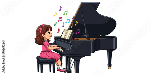 Young girl playing grand piano with musical notes and joyful expression