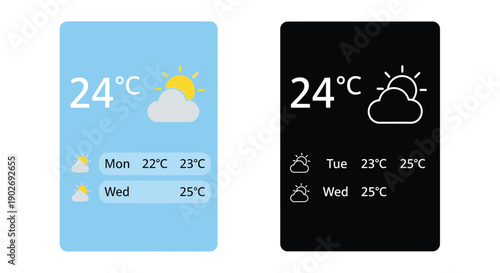 Two smartphone weather app displays showing a sunny 24 c forecast