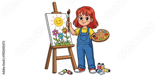 Young girl painting cheerful sunflower artwork on easel with watercolors and brushes