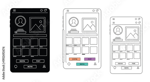 Wireframe mockup of a mobile app interface in various stages of design