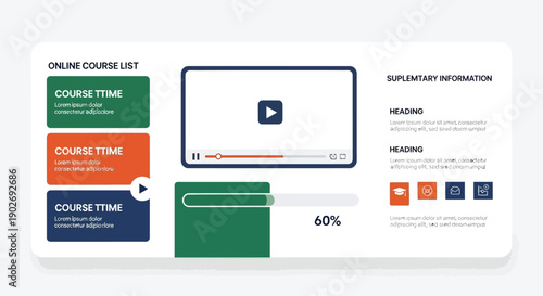 Online course list user interface mockup with progress indicators