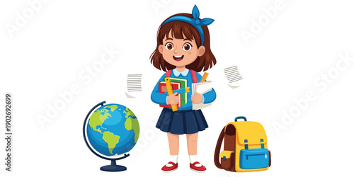 Cute schoolgirl with globe and backpack smiling holding book illustration