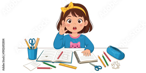 Girl studying with books and school supplies on desk at home