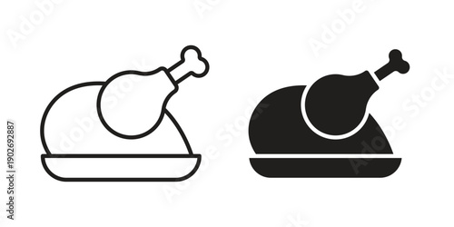 Cooked chicken icon in black solid style. linear symbol.