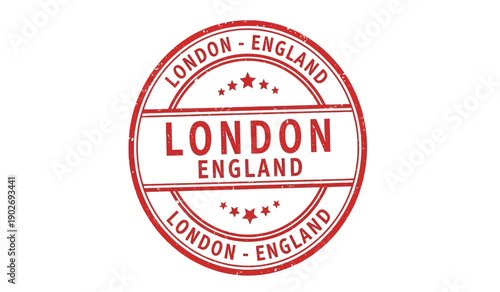 Red london england stamp logo with circular design and stars