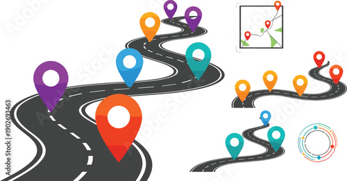 Colorful road map pins and winding road illustrations on white background location navigation