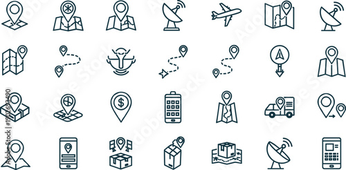 Dark blue line icons for navigation, travel, and delivery services on white background location route