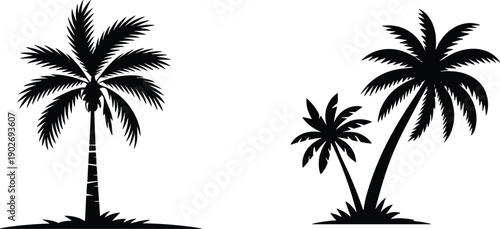 Palm tree silhouettes, tropical island landscape, summer beach nature scene, exotic vacation symbol, black vector illustration isolated on white background