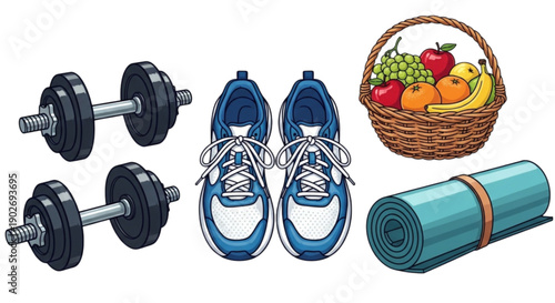 Fitness equipment and healthy food isolated on transparent background.