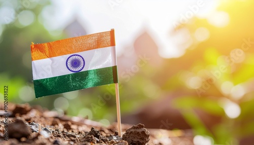 Wallpaper Mural Indian flag waving proudly in garden soil with green bokeh background Torontodigital.ca
