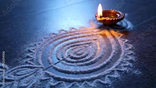 Rangoli design with festive diya and sand art beautifully illuminated. Rangoli features intricate patterns created with white sand, complemented by candlelight from diya.