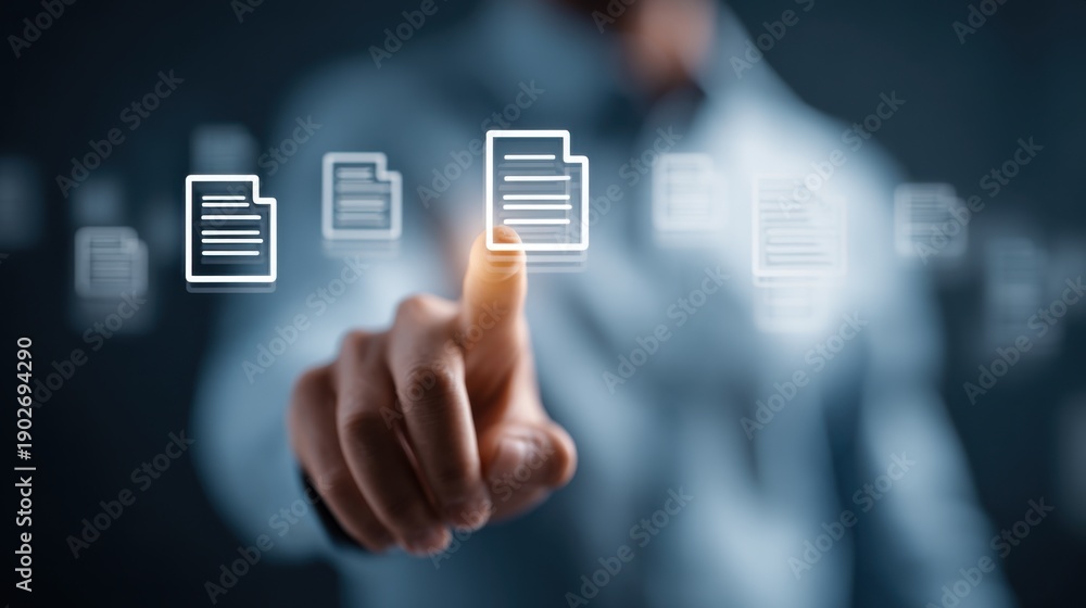 Obraz premium Hand touching digital document icon for data management