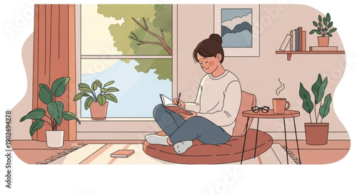 Woman sitting on a cushion reading isolated on transparent background.