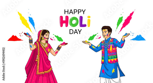 Holi celebration illustration with Indian couple throwing colored powders, Happy Holi Day text, vector graphic for festival or cultural event promotion or social media post