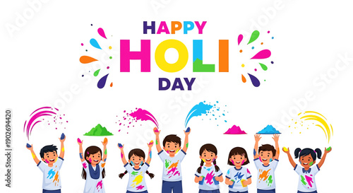 Holi festival illustration with colorful children throwing powder, Happy Holi Day banner or poster, for social media or celebration background