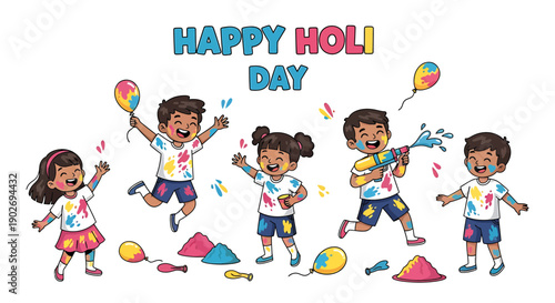 Holi celebration illustration with colorful kids throwing powder, Holi Day banner or poster, festival of colors