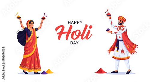 Vector Holi festival illustration with Indian dancers, colorful powder, 'HAPPY Holi DAY' text, for celebration banner or poster, Isolated on transparent background, png