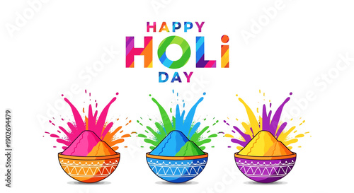 Holi festival colorful powder explosion in bowls, Happy Holi Day text, vector illustration for greeting card or social media post