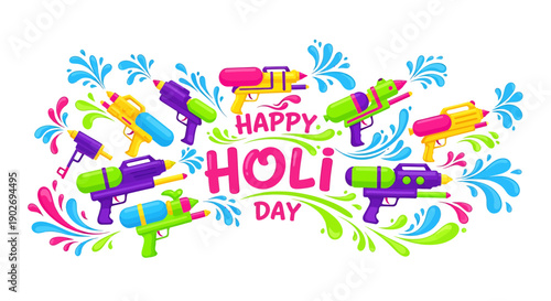 Holi festival illustration with colorful water guns and splashes, for banner or poster, Isolated on transparent background, png