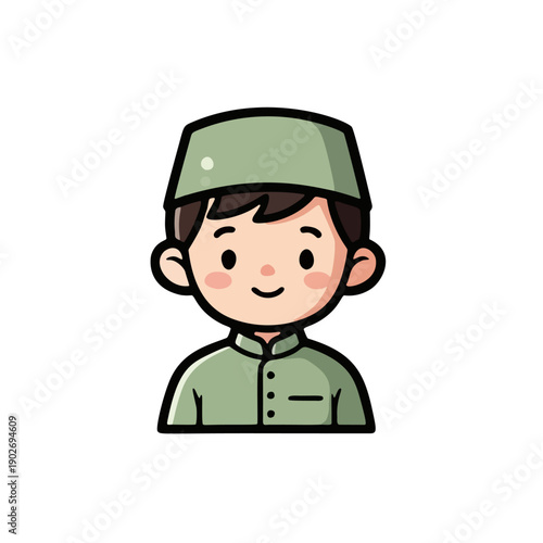 Vector illustration of a smiling Muslim boy character wearing a sage green tunic and matching songkok cap for a Ramadan themed design in a cheerful cartoon kid art style.