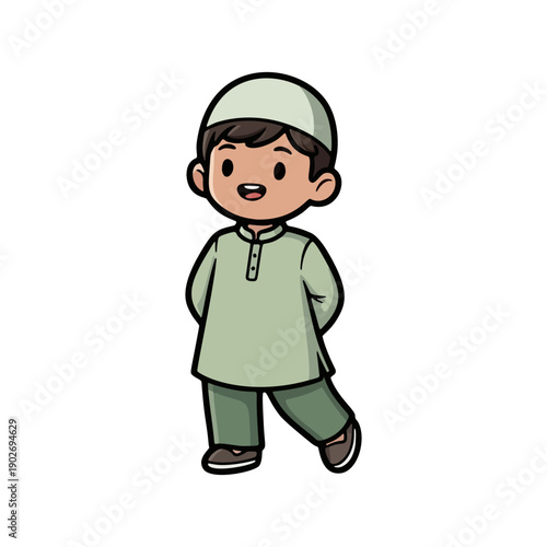Full body vector illustration of a smiling Muslim boy character wearing a sage green tunic and matching cap for a Ramadan themed design in a cheerful cartoon kid art style.