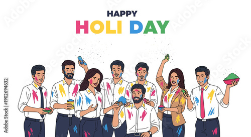 Holi celebration vector illustration, people throwing colored powder, Happy Holi Day text, for greeting card or social media post