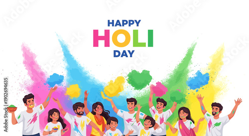 Holi celebration background with colorful powder explosion and Happy Holi Day text, for banner or poster