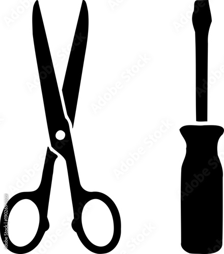 A silhouette of scissors and screwdriver on transparent background