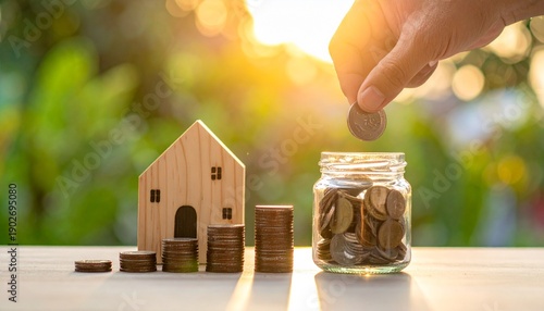 House model with ascending coin stacks and hand placing coin into glass jar, symbolizing saving money for home ownership.