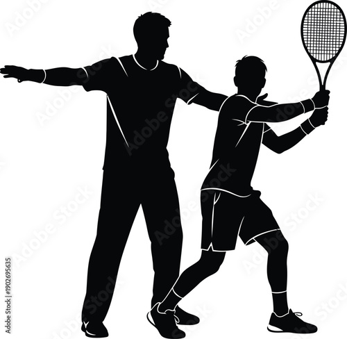 Silhouette of tennis coach guiding player with racket in hand