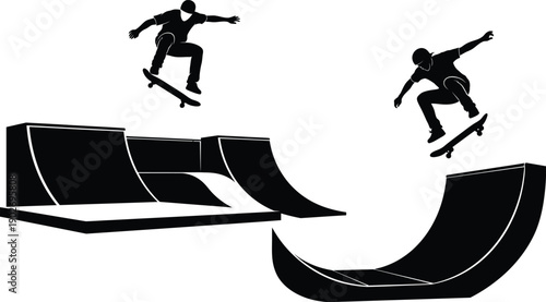 Silhouette of skateboarders performing tricks on ramps silhouette