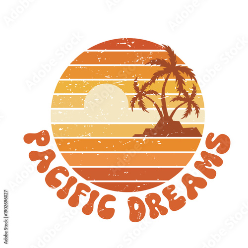 Retro Sunset Palm Trees Pacific Dreams tshirt design