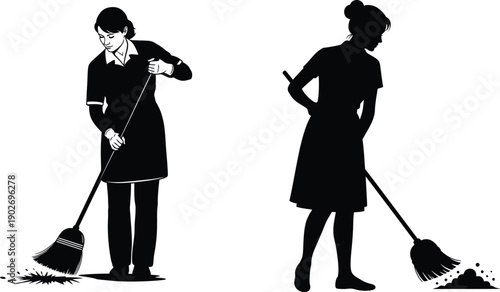 Silhouette of two women cleaning with brooms in black and white